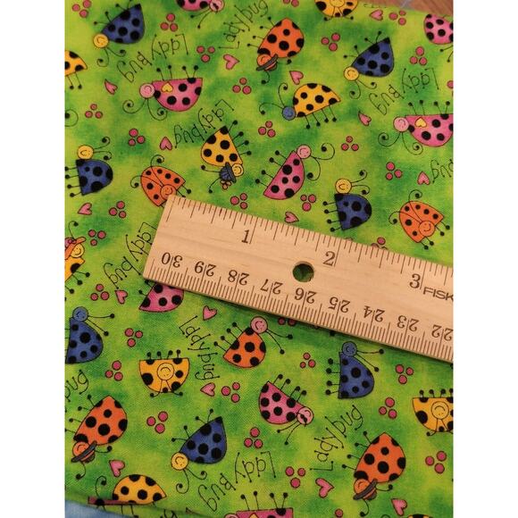Green Fabric With Colorful Rainbow Beetle Ladybugs 1 Yard Cotton Fabric - Picture 3 of 3